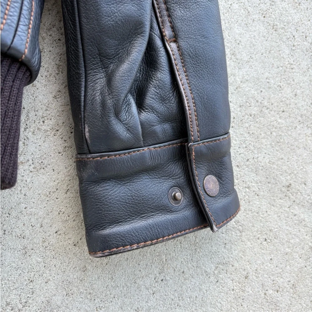 Vintage European Transmission Leather Bomber Jacket Sherpa Collar Men’s Large - Picture 5 of 12